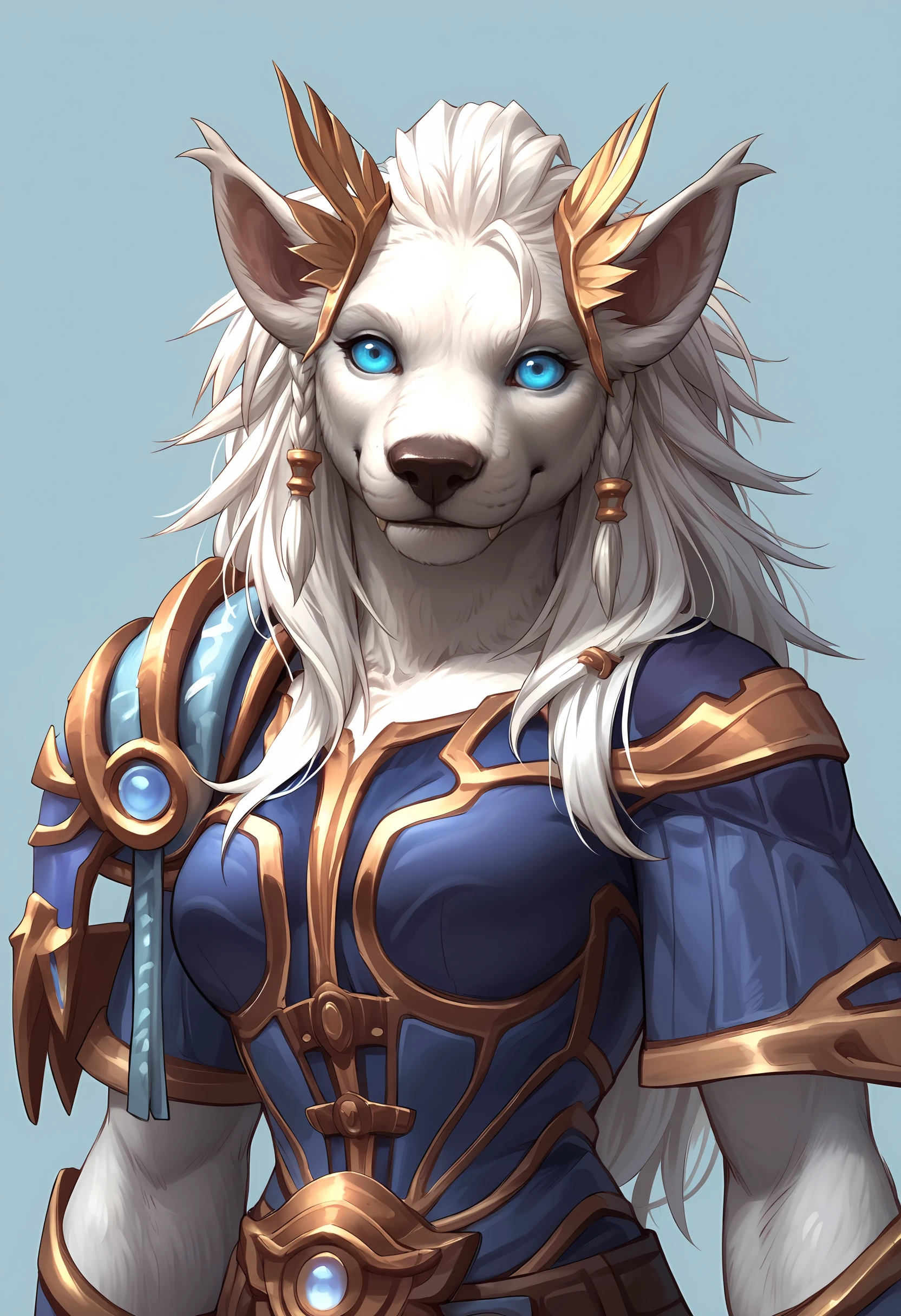 score_9, score_8_up, score_7_up, score_6_up, score_5_up, score_4_up, 1girl, <lora:HydromielWorgenWOW:0.75> furry, furry female, white hair, long hair, blue eyes, animal ears, claws, armor, shoulder armor, jewelry, upper body, smile,
light blue background, simple background,