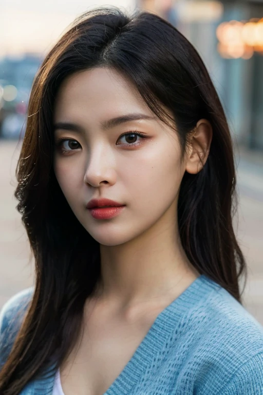 masterpiece, best quality, ultra-detailed, ultra high res, (photorealistic:1.4), raw photo, (realistic:0.2), 8k HDR, realistic lighting, 1girl, solo, (asian:0.2), asymmetrical hair, outdoor, (simple background:1.4), bokeh, (detailed lips), (detailed pores), (detailed skin textures), (detailed face:1.2), (upper body:1.2), a woman in a  light blue cardigan, promotional image, a character portrait,