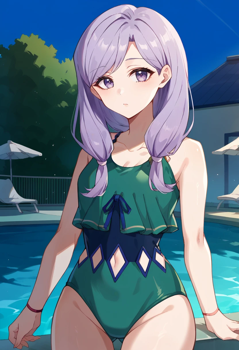 score_9, score_8_up, score_7_up, source_anime, 1girl, solo, cowboy shot, outdoors, pool, <lora:FEEngageSwimwear-pdxl:1> fe17swim, green one-piece swimsuit, clothing cutout, navel cutout,
BREAK <lora:IlyanaPoRXL:1> ilyanaPoR, lavender hair, bangs, lavender eyes, circlet