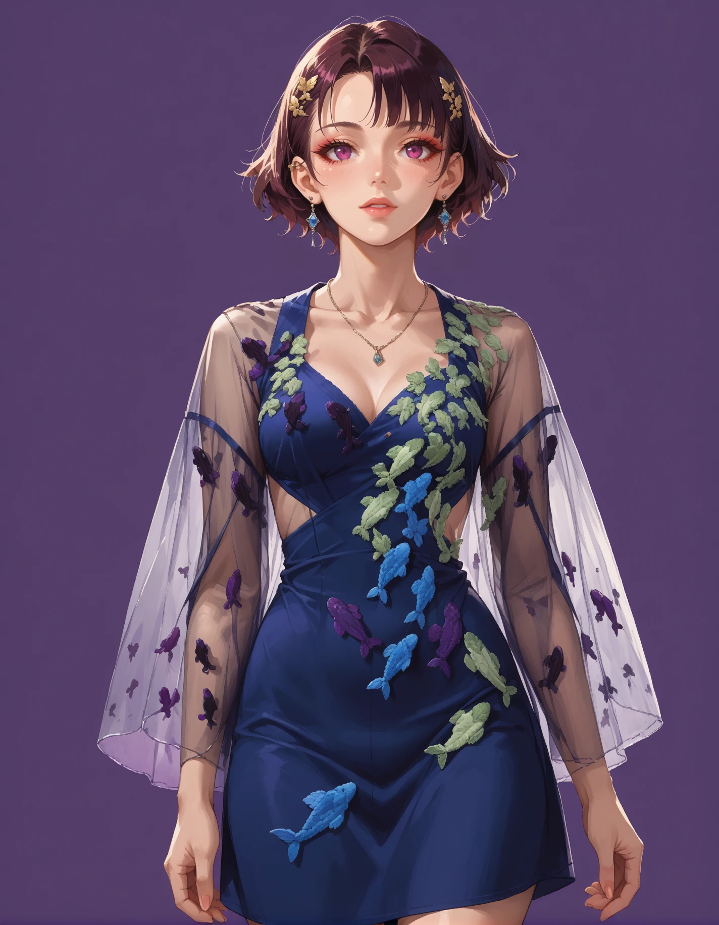 Score_9, Score_8_up,Score_7_up, Score_6_up,Score_5_up, Score_4_up, Source_anime, Rating_safe, Persona_3 style, Shigenori_Soejima_Artwork, 1girl, <lora:Fish_Pattern_Dress:0.6> embroidery, (fish:0.6) print dress, see-through, see-through sleeves, simple background, purple background