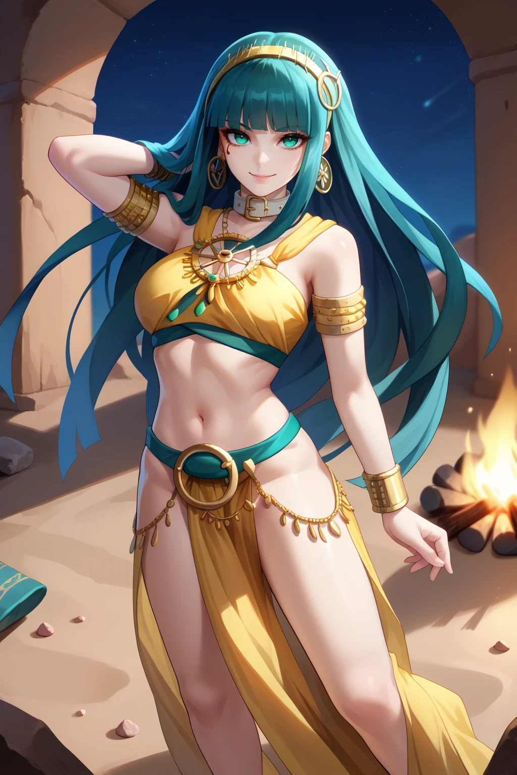 score_9, score_7_up, source_anime, cowboy shot, looking at viewer, seductive smile, ftclp, large breasts, very long hair, blue hair, aqua eyes, long hair, blunt bangs, facial tattoo, gold hairband, hoop earrings, belt collar, harem outfit, midriff, dancing, outdoors, desert, night, campfire, <lora:Hoseki_Fate_Cleopatra_PDXL_v1:1>