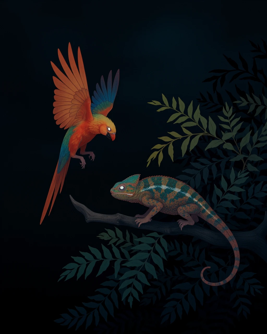 poster art depicting A colorful parrot landing on a branch, chattering curiously at a chameleon that's changing colors in response dark and eerie atmosphere