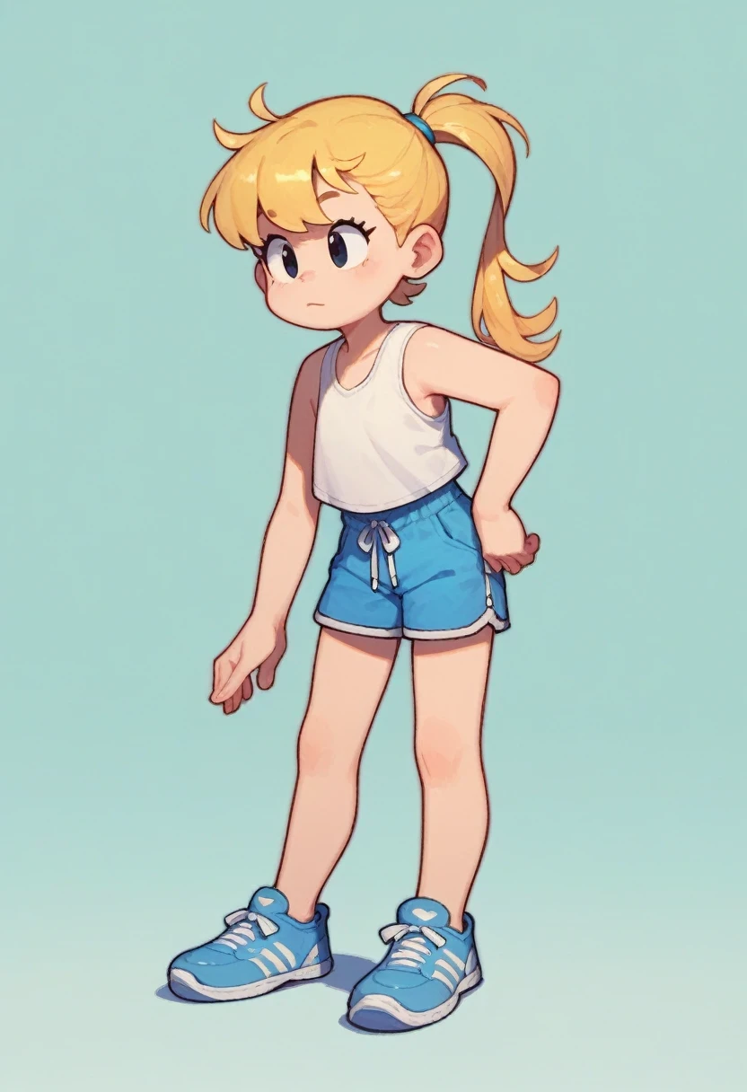 bia_tdm, 1girl, solo, blonde hair, black eyes, ponytail, shorts, shoes, white tanktop, blue shorts, blue shoes full body, standing