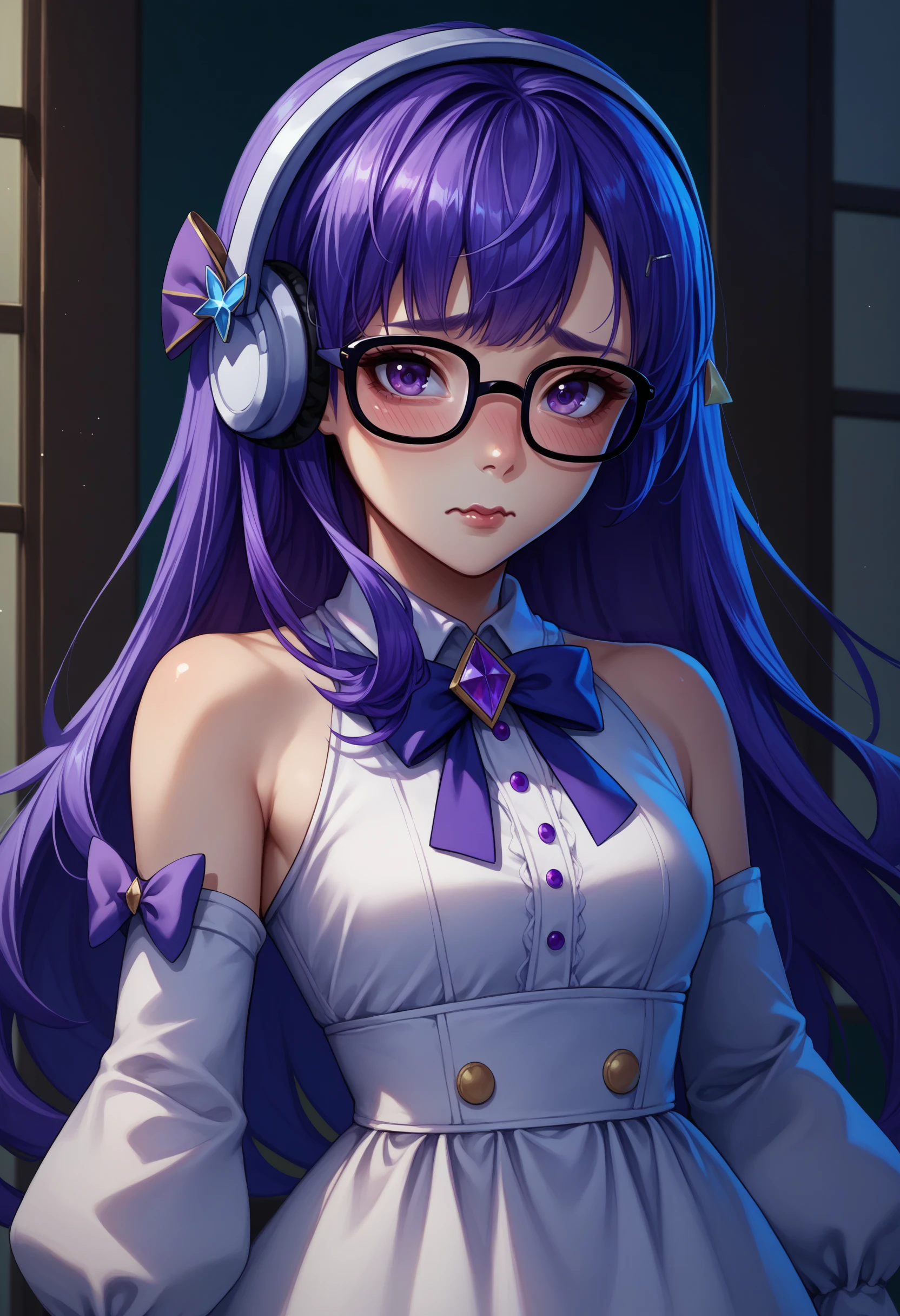 score_9, score_8_up, score_7_up, 1girl, rdenShgunAnv, purple hair, sidelocks, purple eyes, glasses, bespectacled, headphones, hair ornament, <lora:RaidenShogun2ndAnniv_pdxl_Incrs_v1:0.85>, white dress, puffed sleeves, hairbow, blush, lipstick, looking at the viewer, wavy mouth, shy, cowboy shot, bare shoulders,