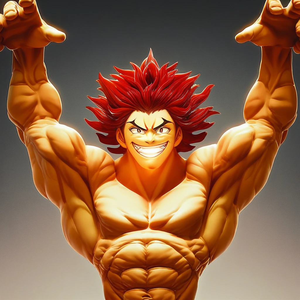 full body image "(best quality, 8K, ultra-detailed, realistic:1.2), portrait, Yujiro Hanma, muscular, serene, smiling, detailed, red hair, tough, intimidating, powerful, showcasing his strength",