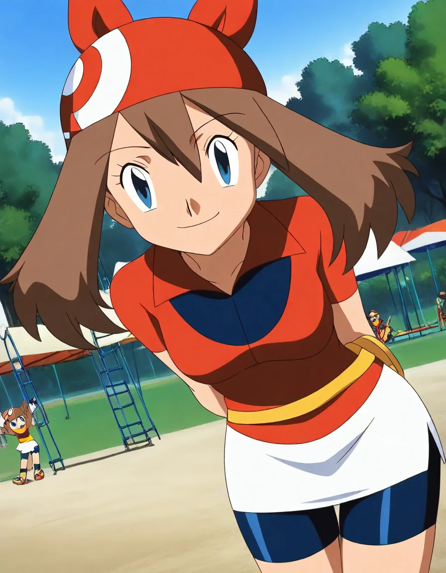 score_9, score_8_up, score_7_up, source_anime, <lora:pokemon-may-anime-illustrious-lora-nochekaiser:1>, pokemonmay, 1girl, may (pokemon), blue eyes, brown hair, bandana, long hair, red bandana, twintails, hair between eyes,, bike shorts, collared shirt, gloves, microskirt, multicolored shirt, pencil skirt, red shirt, shirt, short sleeves, skirt, white skirt,, public park, playground, swing set, laughter, sunny day, smile, looking at viewer, hands behind back, bent over,, solo,, cowboy shot, dutch angle, solo