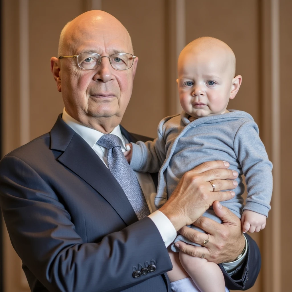 klaus schwab holding up a baby klaus. the baby klaus is holding up an even smaller baby klaus<lora:klaus.FLUX:1>