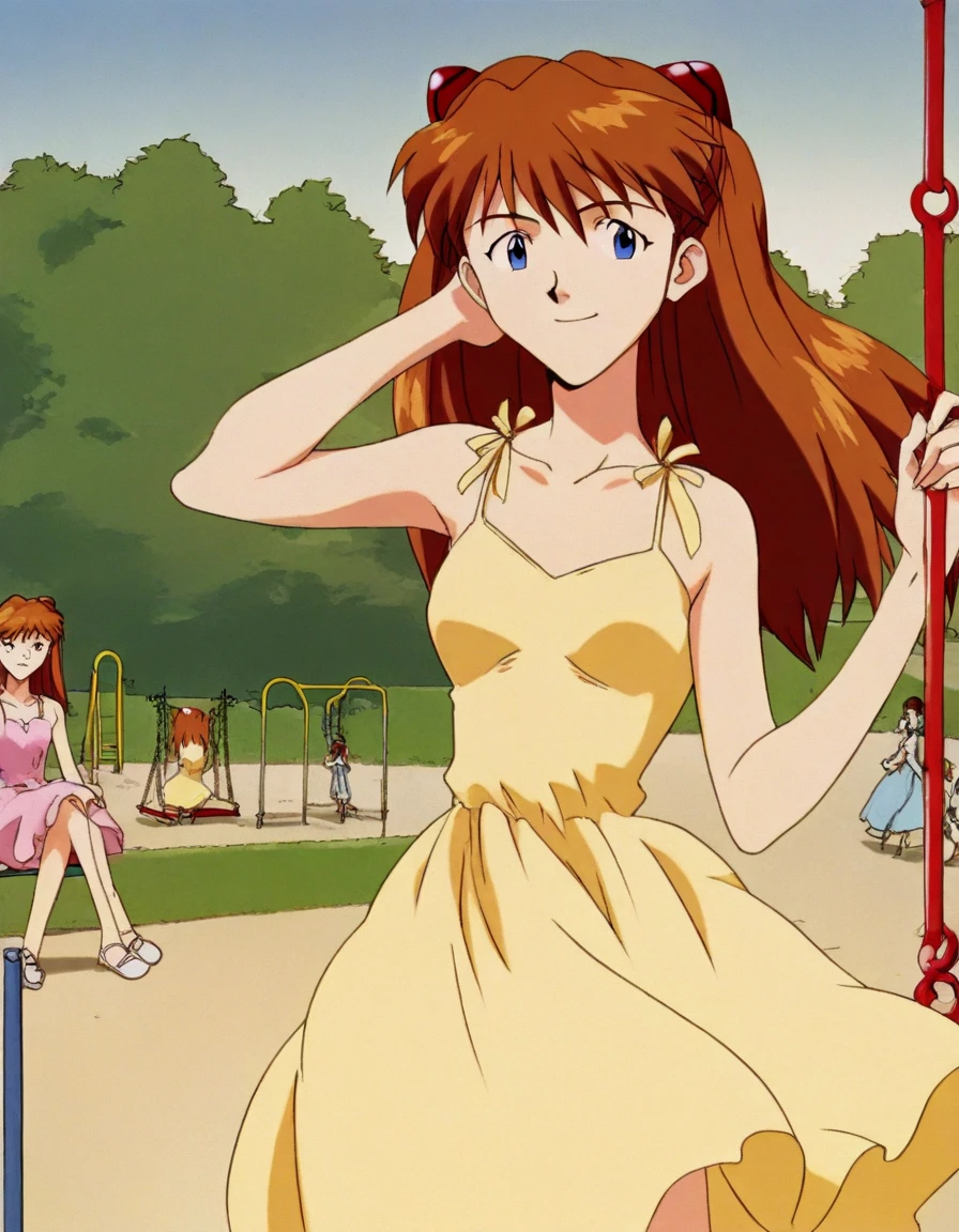 , <lora:asuka-langley-soryuu-classic-illustrious-lora-nochekaiser:1>, asuka langley soryu, long hair, bangs, blue eyes, brown hair, hair ornament,, dress, yellow dress, sundress, collarbone, bare shoulders,, public park, playground, swing set, laughter, sunny day, smile, looking at viewer, hand behind head, , solo,, cowboy shot, dutch angle