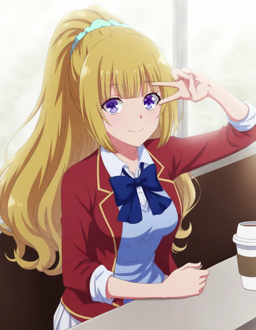 , <lora:kei-karuizawa-s2-illustrious-lora-nochekaiser:1>, kei karuizawa, long hair, bangs, blunt bangs, purple eyes, blonde hair, shirt, hair ornament, ponytail, scrunchie, blue scrunchie, medium breasts,, skirt, shirt, bow, school uniform, jacket, red jacket, pleated skirt, bowtie, sweater, blue bow, blue shirt,, cafe, coffee cup, barista, sitting down, talking, relaxing, sunlight through window, smile, looking at viewer, v, v over eyes,, solo,, cowboy shot, dutch angle