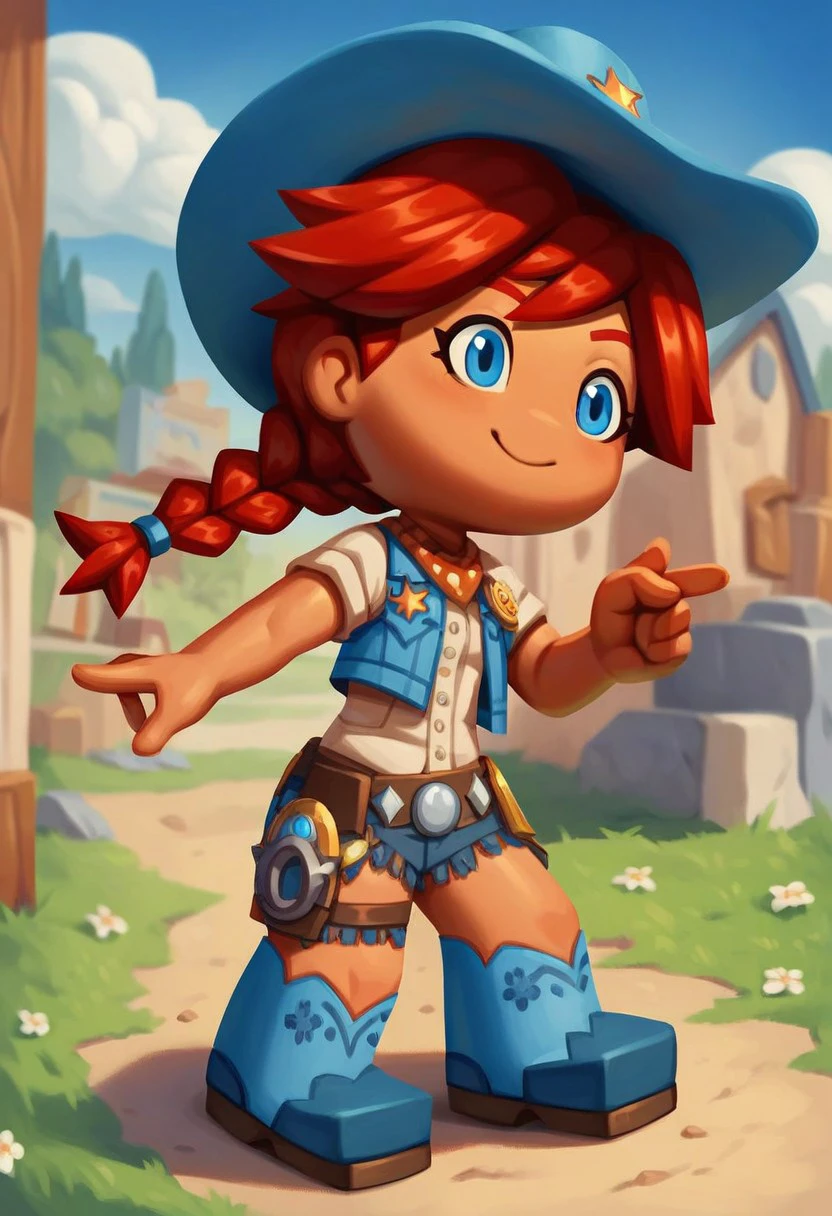 score_9_up, score_8_up, score_7_up, score_6_up, 1girl, solo, Ginny_Mysims, chibi, red hair, braided twintails, blue eyes, cowboy hat, cowboy costume, adult, (painted art), (in an old west saloon), smile