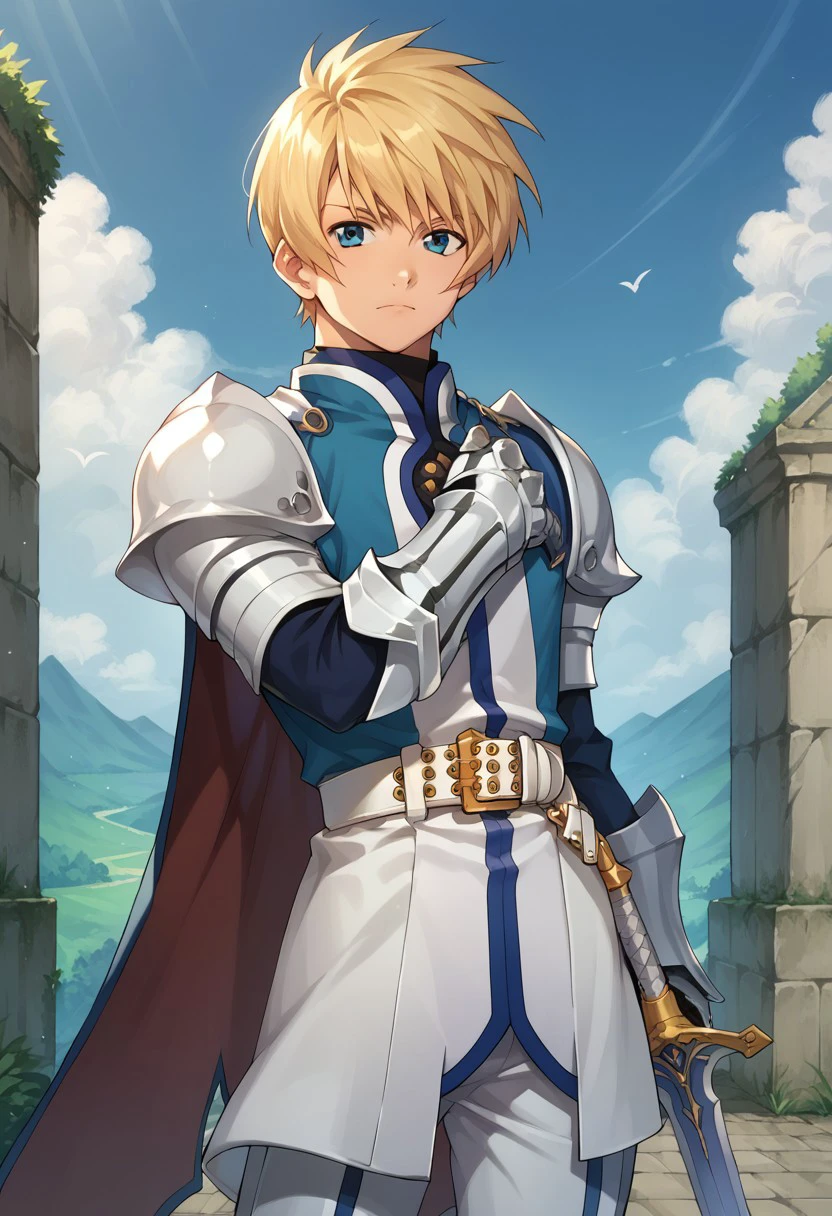 score_9, score_8_up, score_7_up, source_anime, highly detailed, 

flynn, 1boy, male focus, solo, blonde hair, blue eyes, armor, surcoat, belt, white belt, cape, gauntlets, greaves, weapon, sword,

outdoor, 