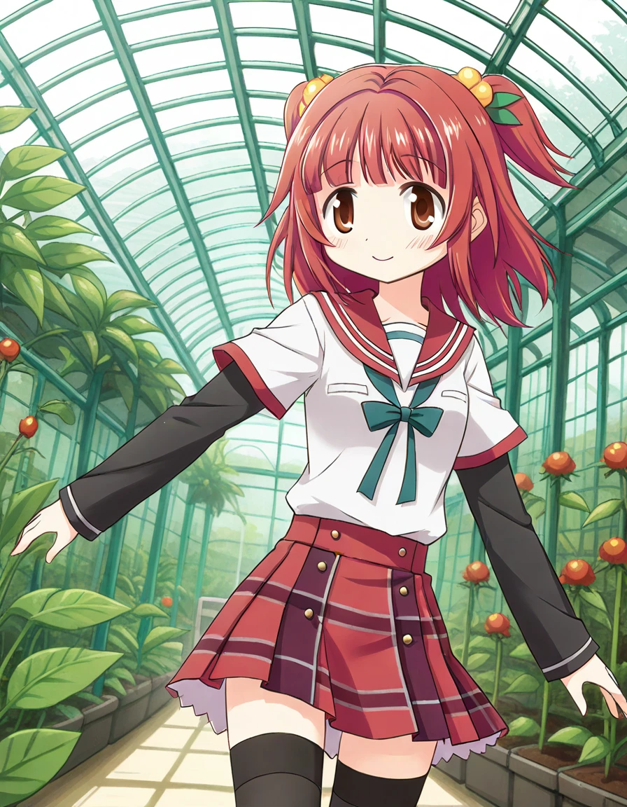 akino kaede, school uniform, red over white shirt, layerd sleeves, black long sleeves, red skirt, black thighhighs, dynamic angle, solo, greenhouse, <lora:20241004091734_akino_kaede_animagine-xl-3.1:0.7>