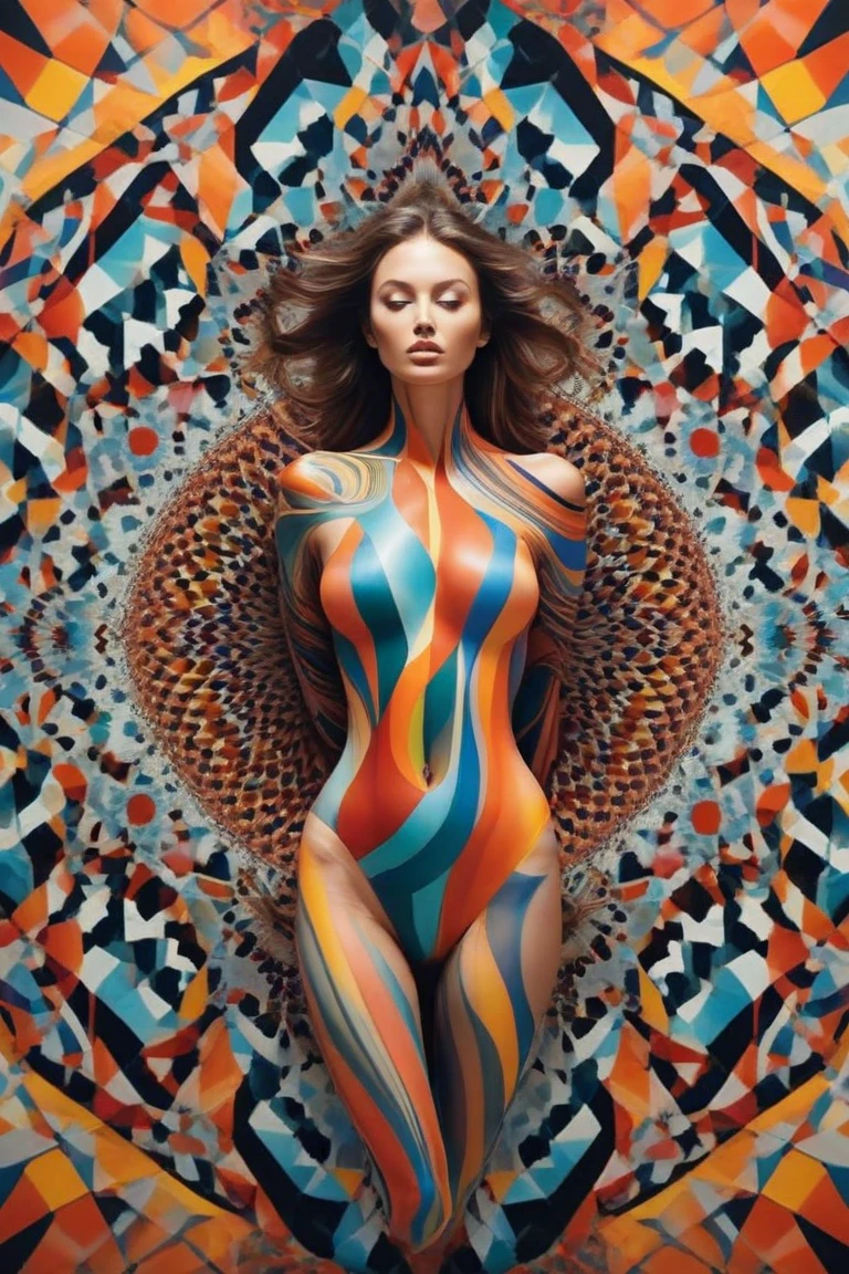 A surreal tableau: a woman's body morphs into a kaleidoscopic vortex, her skin transforming into a mesmerizing tapestry of swirling colors and shapes. Geometric patterns pulsate like a living entity, bold lines and curves converging to form a 3D structure that shifts and undulates. The blurred environment dissolves, as reality and fantasy blend in a kaleidoscope of hues, with the woman's perfect body now a vortex of color and light.,GeoF