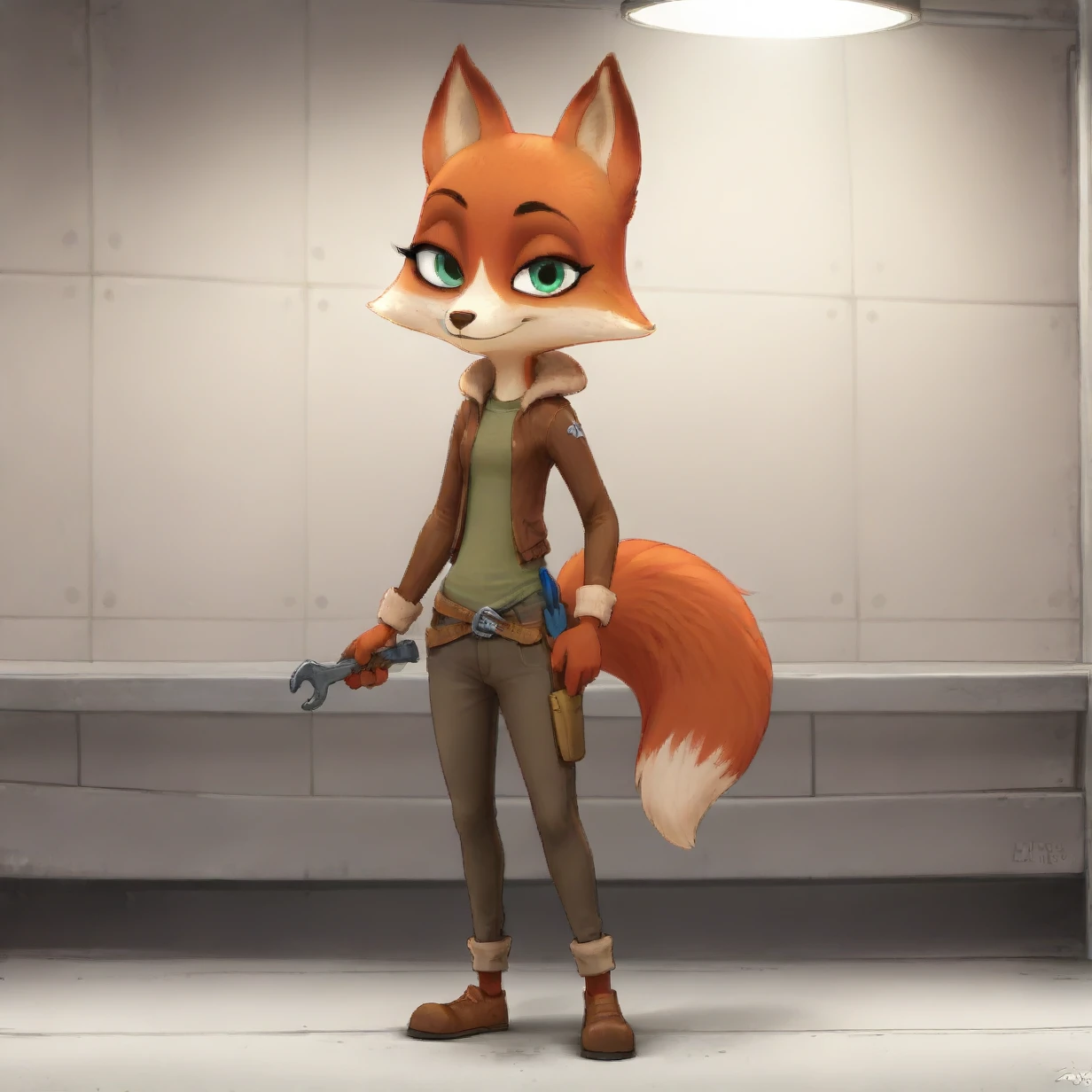 solo, Jade, fox, full body, looking at viewer, anthro, mammal, solo, female, tall, skinny, factory, cold, detailed background, hi res, green eyes, shoes, smile, 4 fingers, fur, hi res, holding wrench, standing, red fur, digital media (artwork), flat colors, digital art, simple, line art, colorful, wrench