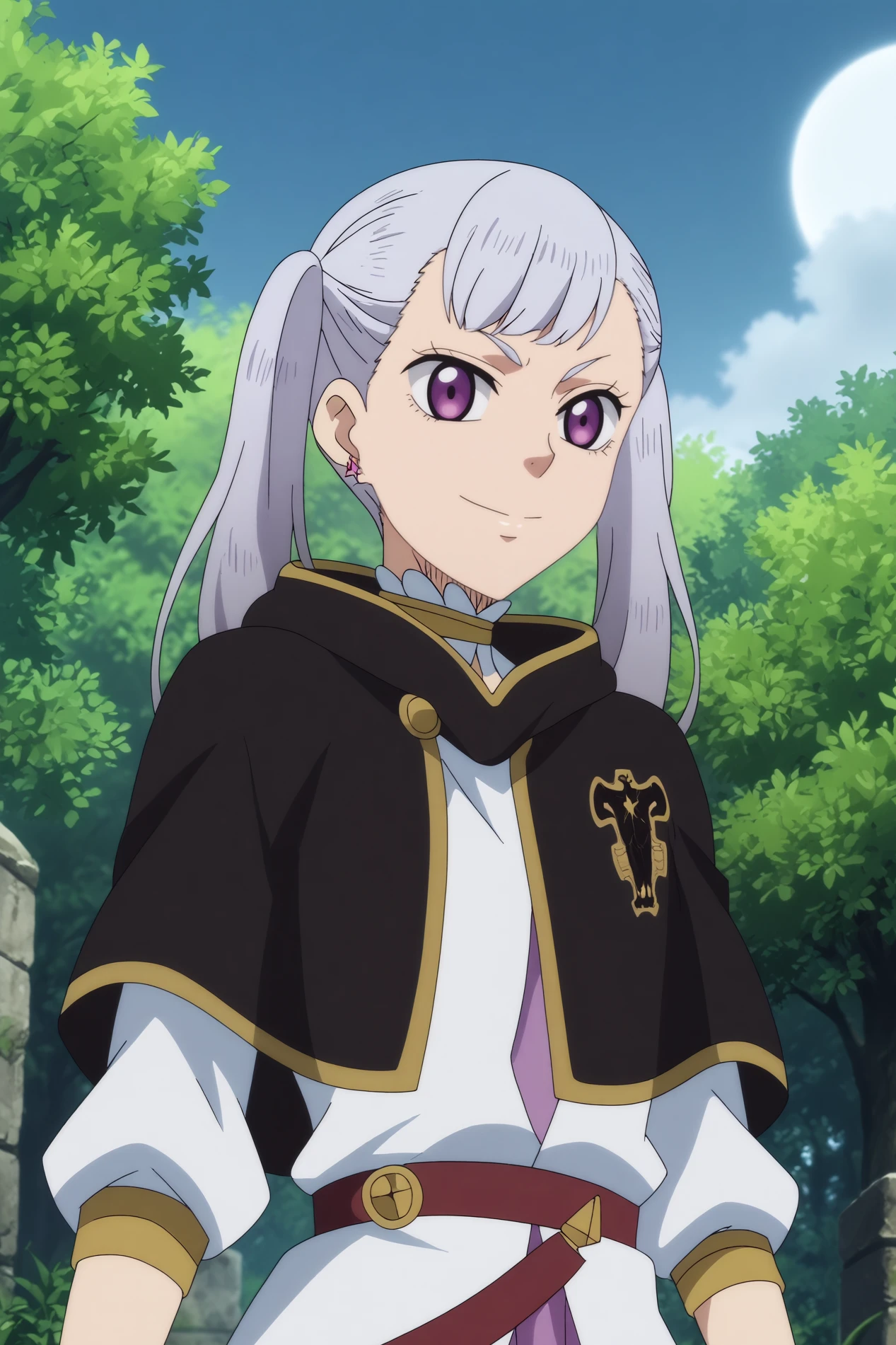  noelle silva,1girl,solo,smile,twintails,earrings,jewelry,grey hair,long hair,capelet,black capelet, BREAK outdoors,forest,tree,blue sky,ruins,old village,moon  Tilting head to the side with a flirtatious glance,  <lora:Noelle_Silva_-_Black_Clover.safetensors:0.8>