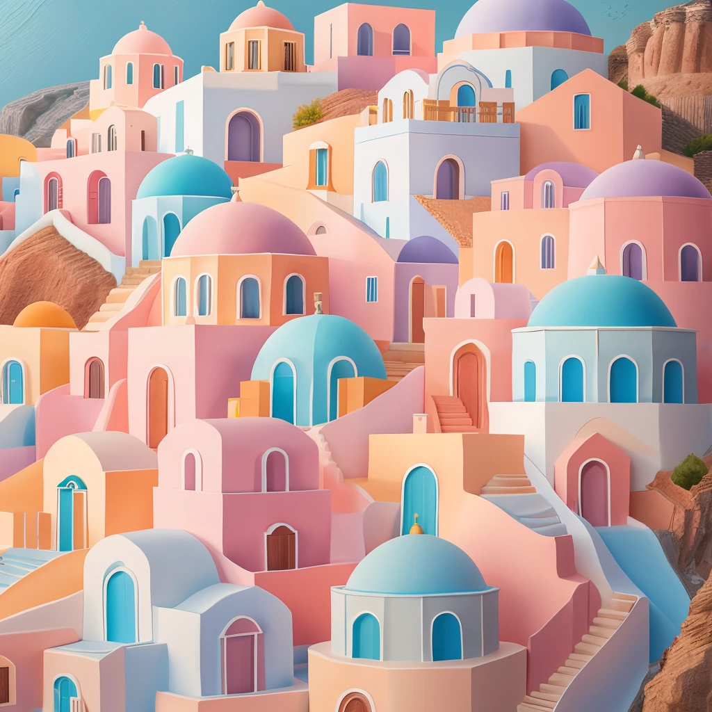 pastel color paper art of a village in greece, 3D, detailed, realistic