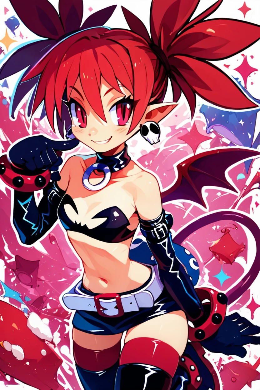 score_9, score_8_up, score_8, medium breasts, (curvy), cute, eyelashes,      rating safe,  BREAK,  zzEtna, red eyes, red hair, twintails, pointy ears, demon girl,   jewelry, earrings, choker, skull earrings, gloves, thighhighs, tail, wings, belt  <lora:Etna_Disgaea_PDXL:0.8>,    BREAK, smile, looking at viewer,  abstract background, white outline,   embedding:zPDXL, Expressiveh,  <lora:SDXLFaeTastic2400:0.5>,  <lora:Expressive_H-000001:0.4>,