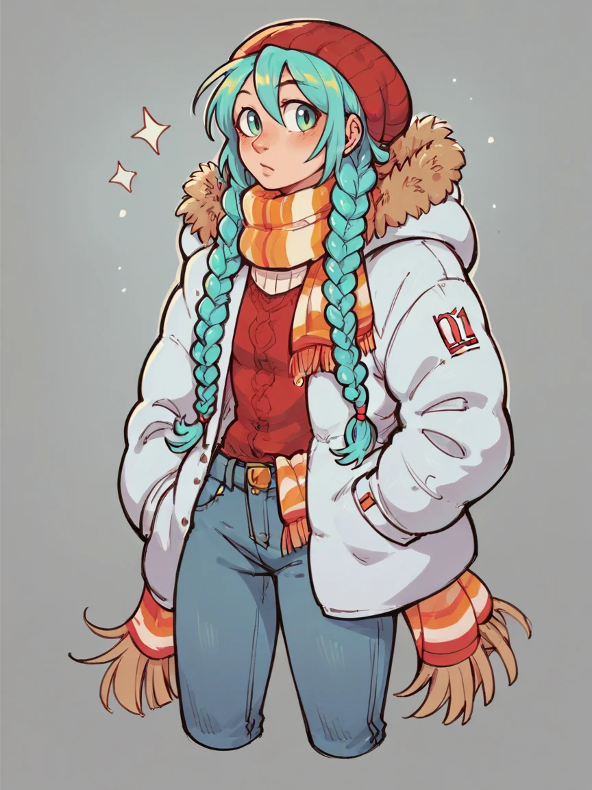 score_9, score_8_up, score_7_up, score_6_up, score_5_up,  <lora:CanadianhatsunemikuXLP2:0.7> canadian hatsune miku, 1girl, puffer jacket, jeans, scarf, braids, solo