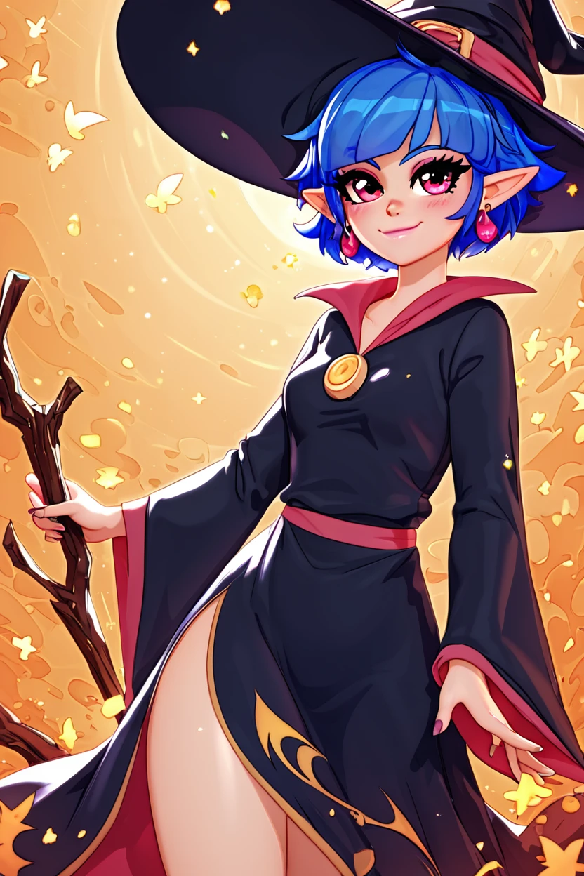 score_9, score_8_up, score_8, medium breasts, (curvy), cute, eyelashes,       BREAK, , zzIrene, pointy ears, short hair, blue hair, witch hat, witch,  earrings, long robe,  <lora:IreneZelda_PDXL:0.8>,  , BREAK, smile, closed mouth, looking at viewer, cowboy shot,  ,,, embedding:zPDXL, Expressiveh, ,,, <lora:MantisStyle_PDXL_v2:0.8>, <lora:SDXLFaeTastic2400:0.5>, <lora:Expressive_H-000001:0.4>,