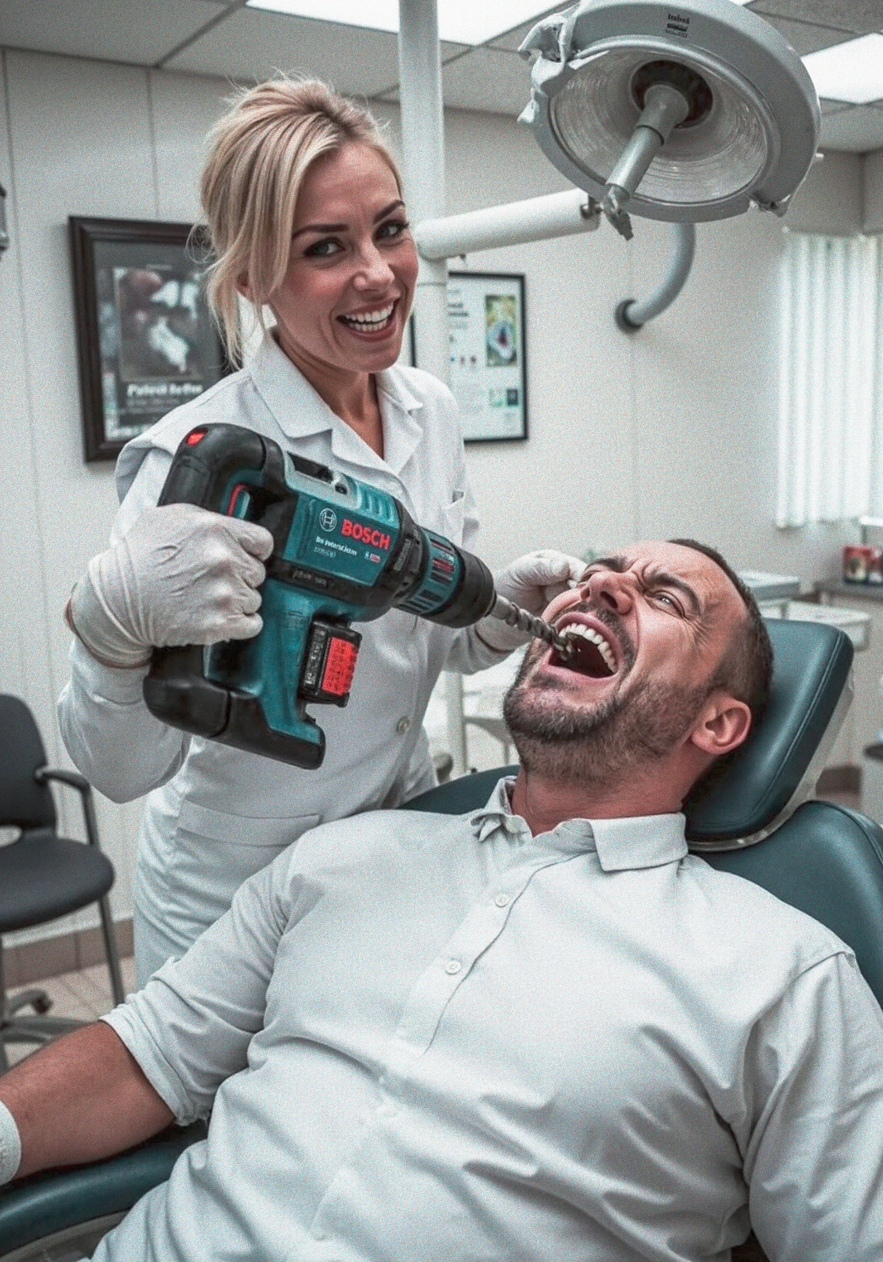 Create a comically outrageous scene set in a dentist's office. A man is lying on a dentist chair, mouth wide open, eyes wide with terror, and an expression of pure fear on his face. The setting is a typical dentist's office with sterile white walls, dental tools, and an overhead lamp, but things take a hilarious turn: instead of regular dental instruments, the attractive female dominatrix dentist wearing a white latex nurse bodysuit is holding a Bosch cordless hammer drill. The drill has a blue body with red accents, a visible battery pack, and the 'BOSCH' logo prominently displayed.

The dentist is standing over him, wearing a pristine white coat and surgical gloves, but with a wicked, exaggerated evil grin on her face. She grips the drill confidently, the bit aimed at the poor patient’s mouth as if she’s about to use it for some 'extreme' dental work. The absurdity of the situation is highlighted by the man's clenched fists, gripping the armrests, and beads of sweat forming on his forehead, as though he's bracing for the world's worst dental experience.

To heighten the humor, add small comical details in the background like a framed 'Best Dentist' award hanging crooked on the wall. The overall tone should be ridiculous and over-the-top, capturing the absurdity of using a Bosch hammer drill for a dental procedure.