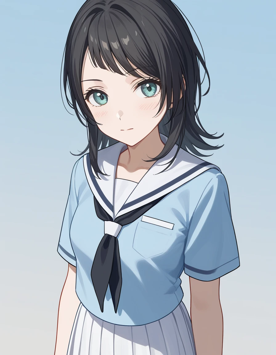 yahata umiri, 1girl, solo, school uniform, neckerchief, sailor collar, serafuku, black neckerchief, blue shirt, short sleeves, white sailor collar, <lora:yahata_umiri_PonyXL:1>, gradient background, looking at viewer, cowboy shot, white skirt, pleated skirt, medium breasts, [[[mature female]]],, score_9, score_8_up, score_7_up