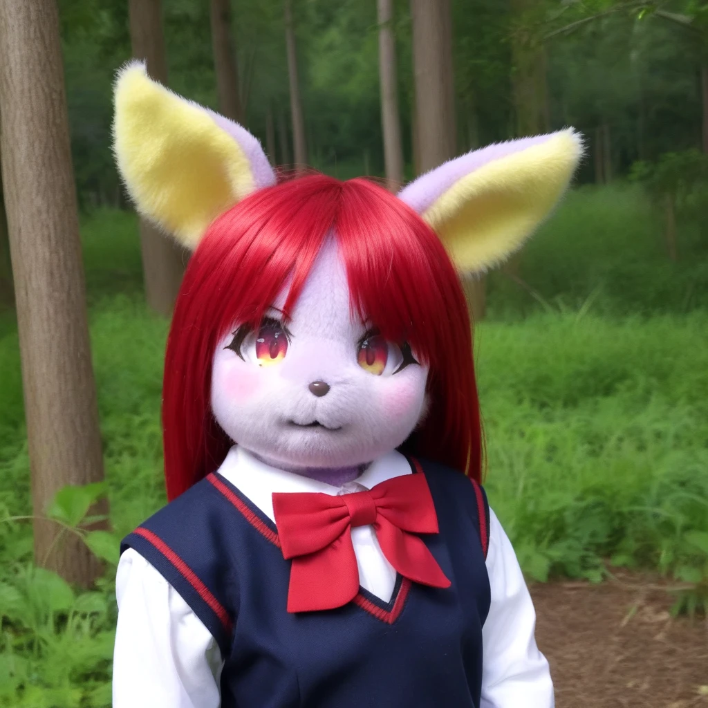 <lora:plush_SDXL:0.7>,realistic, red hair, school uniform, red bowtie, purple skin, yellow ears, :3, looking at viewer, no_nose, furry, outdoors, forest