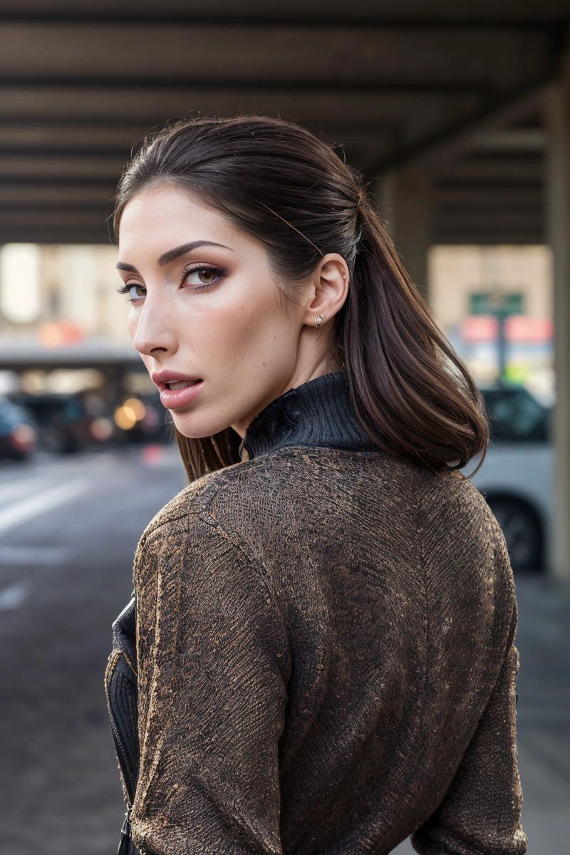 closeup headshot of S554_CleaGaultier,a stunning woman,in a (parking garage:1.1),wearing a (sweater),(jacket),(4k, RAW photo, best quality, 50mm, depth of field, ultra high res:1.1),(intricate, photorealistic, cinematic-shot, masterpiece, ultra-detailed:1.1),