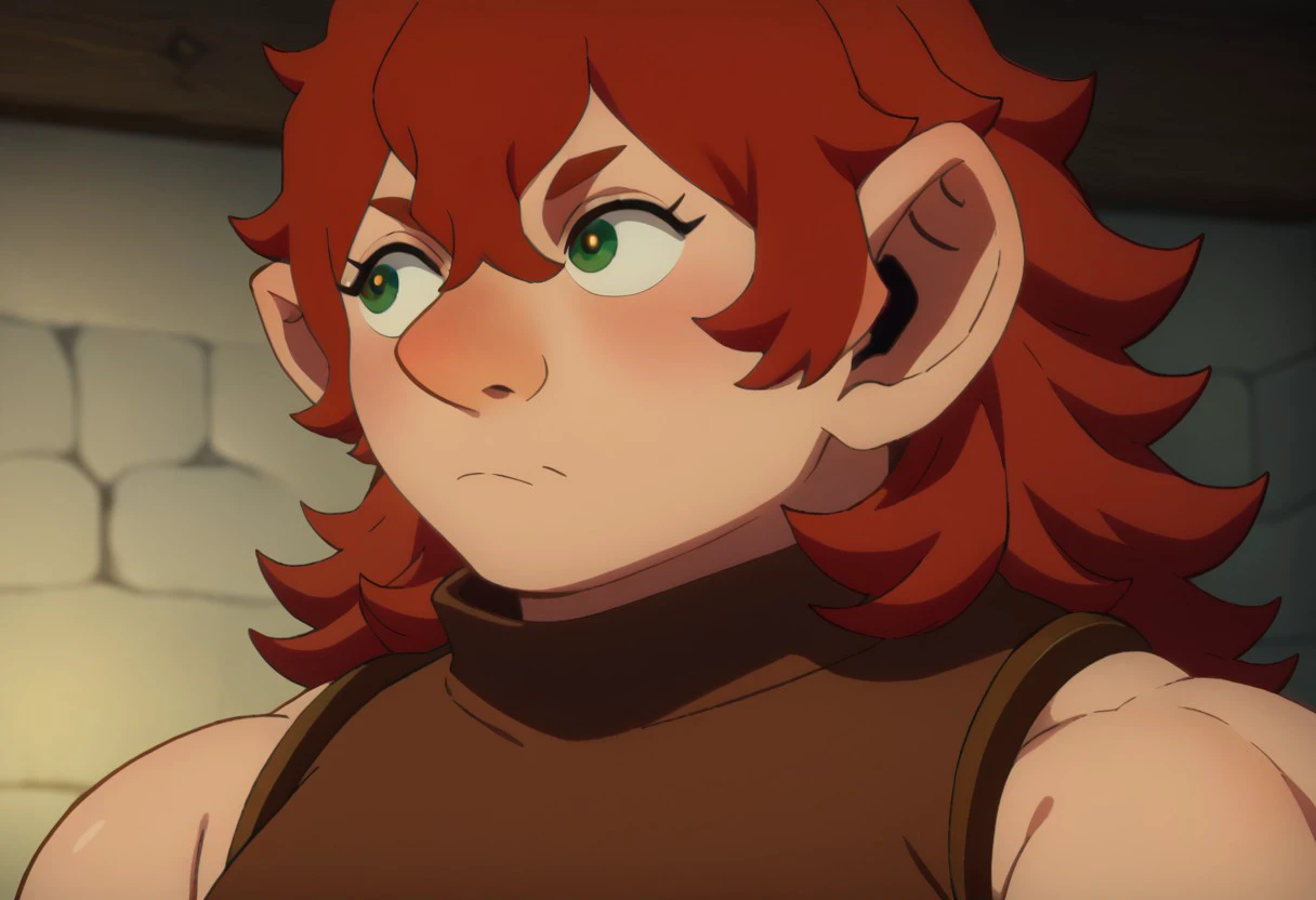 score_9, score_8_up, score_7_up, portrait, beautiful, DMstyle. Dungeonmeshistyle, 1girl namariDM. namariDungeon. hair between eyes. red hair. black eyes. medium hair. sleeveless. armor. turtleneck. dwarf female. dwarf girl. short. shortstack. muscular female. athletic female.