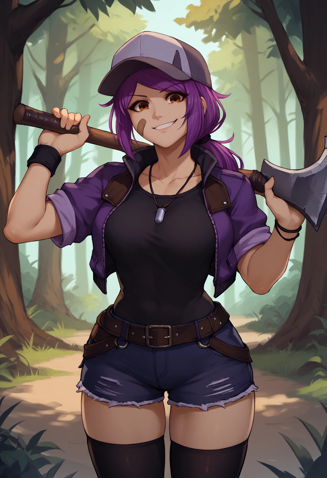 score_9, score_8_up, score_7_up, 1girl, leaairi, brown eyes, single bandaid on cheek, short hair, purple hair, low ponytail, hair ribbon, black ribbon, large breasts, fit, baseball cap,
purple jacket, black shirt, biker jacket, black necklace, short sleeves, collarbone, wristband, denim shorts, black thighhighs,
looking at viewer, crazy smile, holding axe, lumber axe, hands up,
outdoors, forest,
<lora:Leah-Airisubaka-PDXL_V2-Manityro-CAME:1.0>,