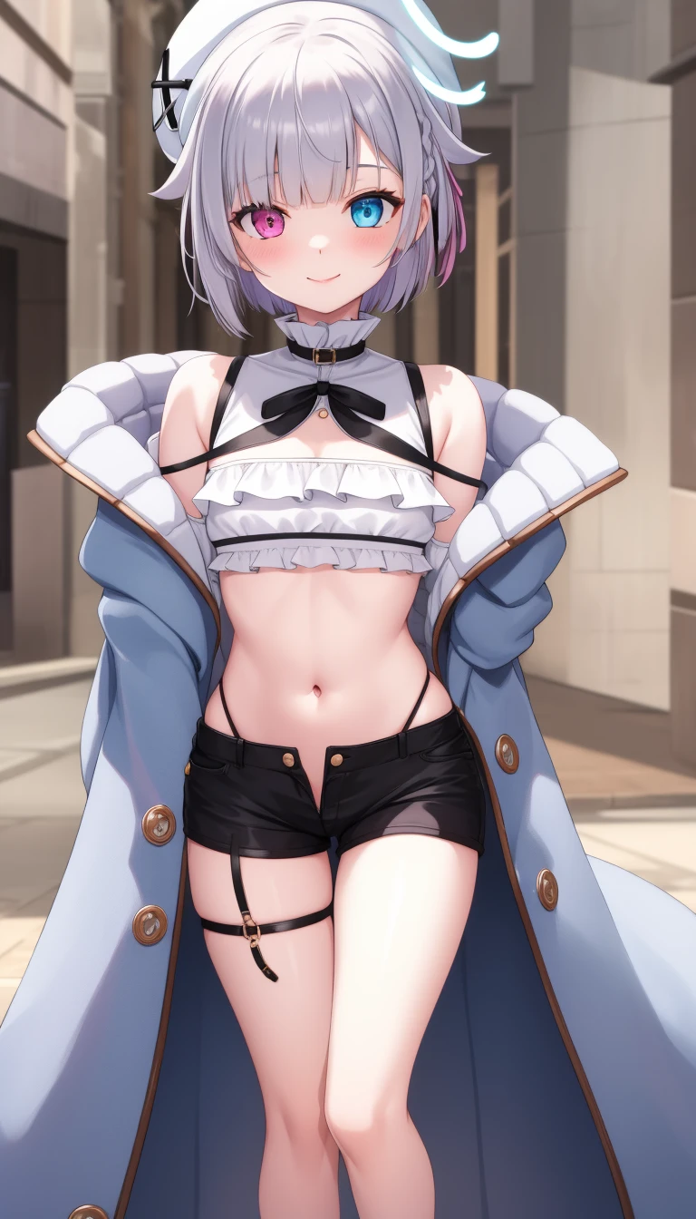 ((32K)), ((Highest quality)), ((超High resolution)), ((High resolution)), ((超High resolution)), ((Highly detailed CG)), ((unity 32K wallpaper)), Mouth closed, Are standing, Purple eyes, Swimwear, bikini, Thighs, Cowboy Shot, Frills, indoor, Raise your hand, Stomach, White knee socks, Hands on hips, Wrist cuff, Maid, Maid headdress, Bare arms, Skin Dentition, Detachable collar, side-tie bikini bottom, white bikini, Single knee socks, string bikini, frilled bikini, Bridal Garter, Maid bikini, 