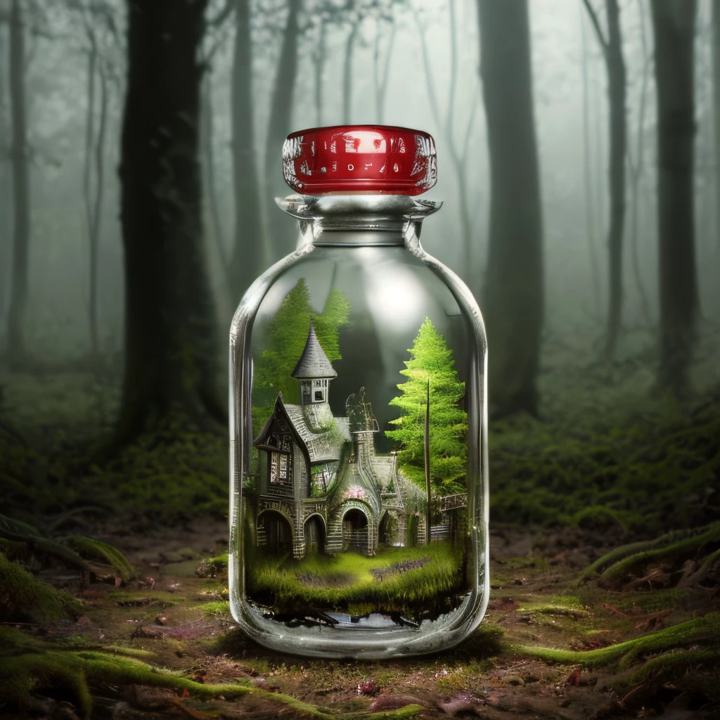 masterpiece, full scale photo, intricate photo, mysterious miniature haunted house in a whole lying  transparent slim glass bottle, background swampy forest, hyper realistic, highly detailed, sharp focus, best quality, high resolution, 8K, glassbottle, <lora:GlassBottleNewExp01_1000steps:0.8>