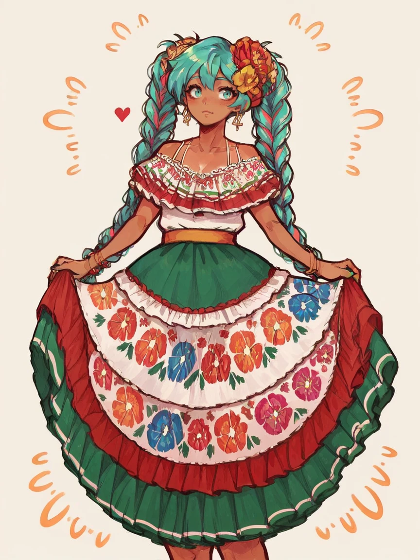 score_9, score_8_up, score_7_up, score_6_up, score_5_up,  <lora:MexicanHatsuneMikuXLP2:0.8> mexican hatsune miku, 1girl, solo, dress, twin braids, multicolored hair, tan skin, curvy, hair flower, dod,