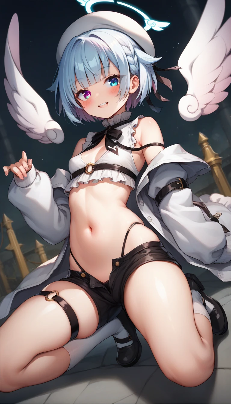 masterpiece,1girl,solo,cat ears,twintails, hair over one eye, demon_wings,small breasts, blue_eyes, blush,open mouth, low wings, torn legwear, (kneeling:1.3),bound arms, ((bondage)),shibari,rope,(arms behind back:1.4),indoors,