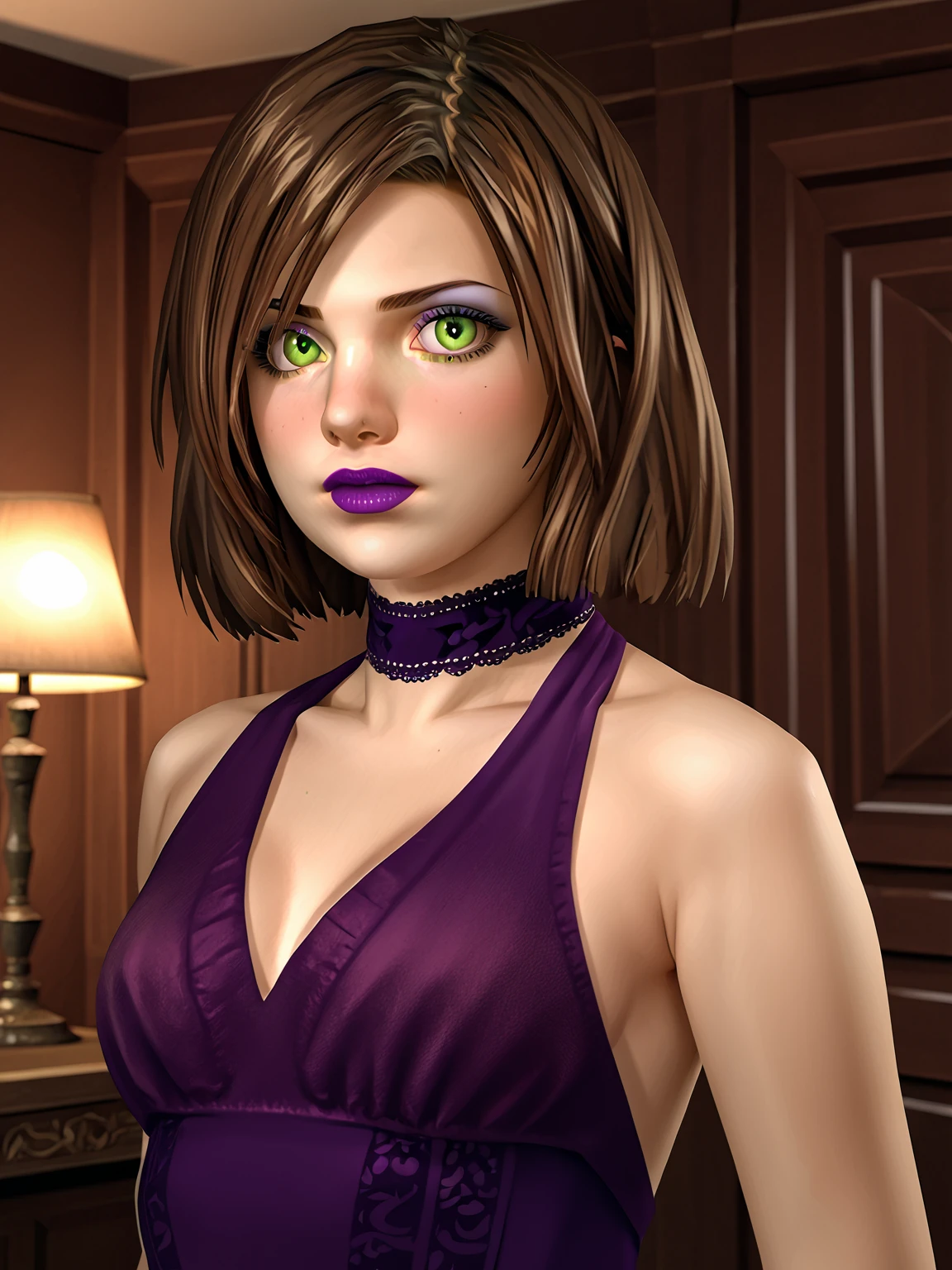 realistic, score_7_up, (sh4eileen:1.2), (source_3d:0.9), green eyes, brown hair <lora:Eileen Galvin (Silent Hill 4):1.1>, purple dress