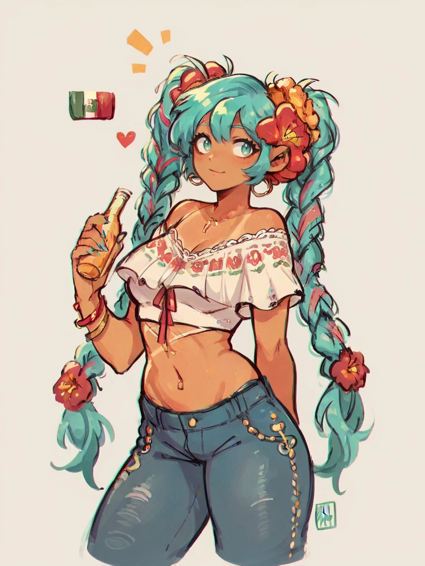 score_9, score_8_up, score_7_up, score_6_up, score_5_up,  <lora:MexicanHatsuneMikuXLP2:0.8> mexican hatsune miku, 1girl, solo, jeans, shirt, jewelry, twin braids, multicolored hair, tan skin, curvy, hair flower,