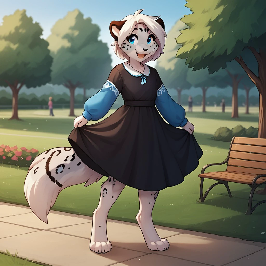 score_9, score_8_up, score_7_up, score_6_up, score_5_up, score_4_up, source_furry, maevetkv2, young anthro, female, snow leopard, blue eyes, grey fur, white hair, digitigrade, barefoot,park, black dress, blue sleeves, smile, , <lora:33679502-2ae4-4787-94eb-4423783a7859:0.7>