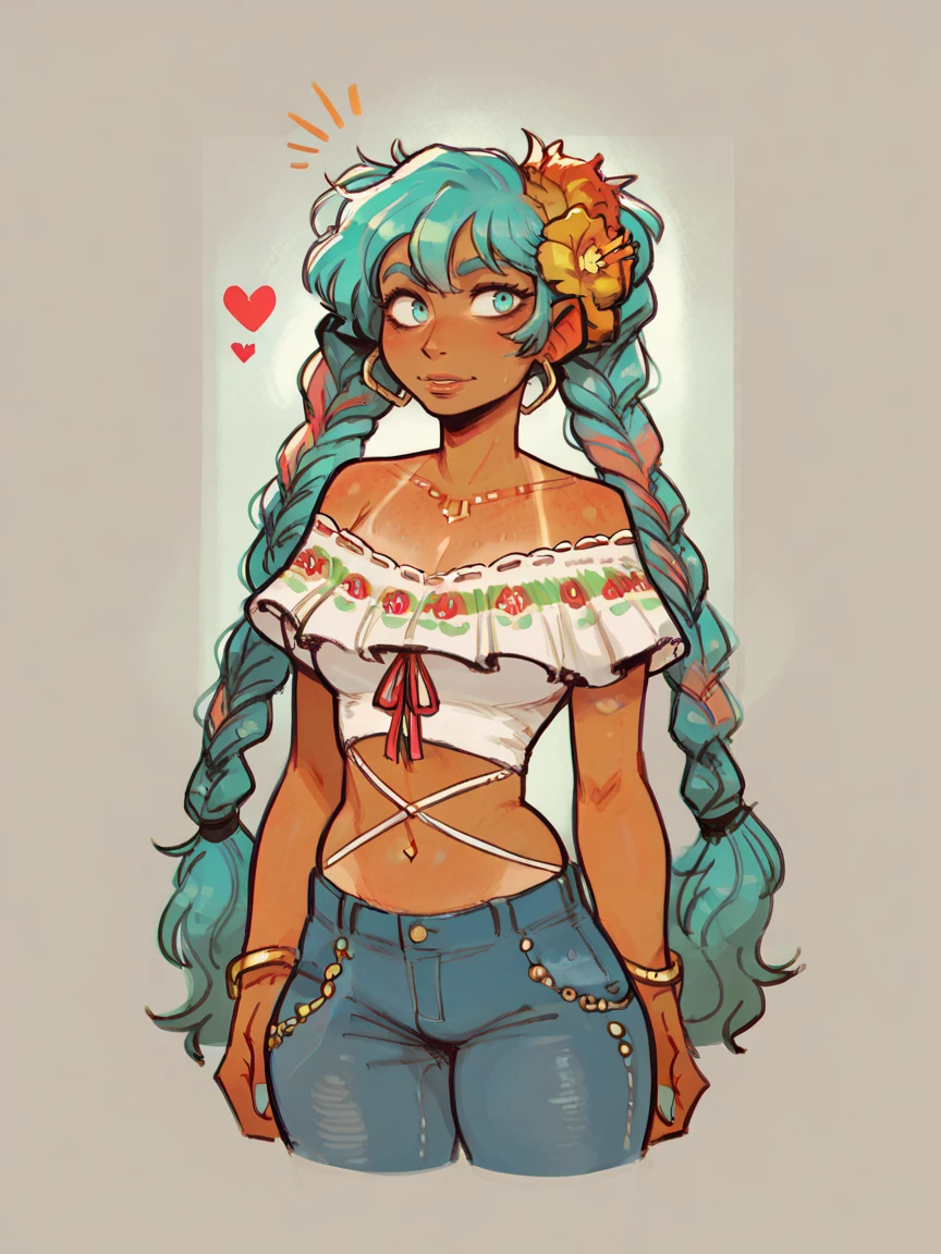 score_9, score_8_up, score_7_up, score_6_up, score_5_up,  <lora:MexicanHatsuneMikuXLP2:0.7> mexican hatsune miku, 1girl, solo, jeans, shirt, jewelry, twin braids, multicolored hair, tan skin, curvy, hair flower,    <lora:1nc4s3XLP:1> 1nc4s3