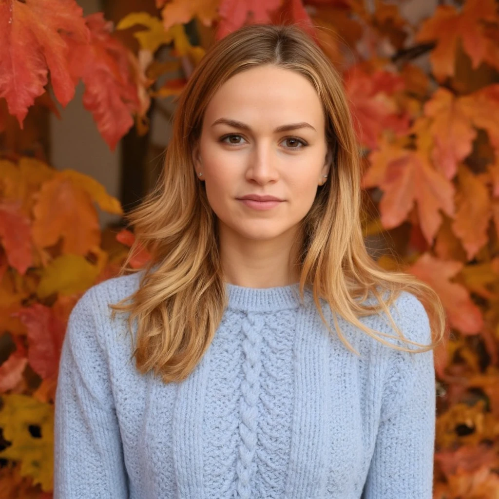 A portrait of carmen_jorda with long, wavy, reddish-blonde hair
, set against a backdrop of vibrant orange-red leaves. She wears a light blue, textured sweater with a cable knit pattern. Her gaze is directly at the camera, and her expression is calm and serene. The leaves in the background are detailed, with intricate patterns and textures, creating a sense of depth and texture. The overall color palette is warm, dominated by the orange of the leaves and the blue of her sweater.