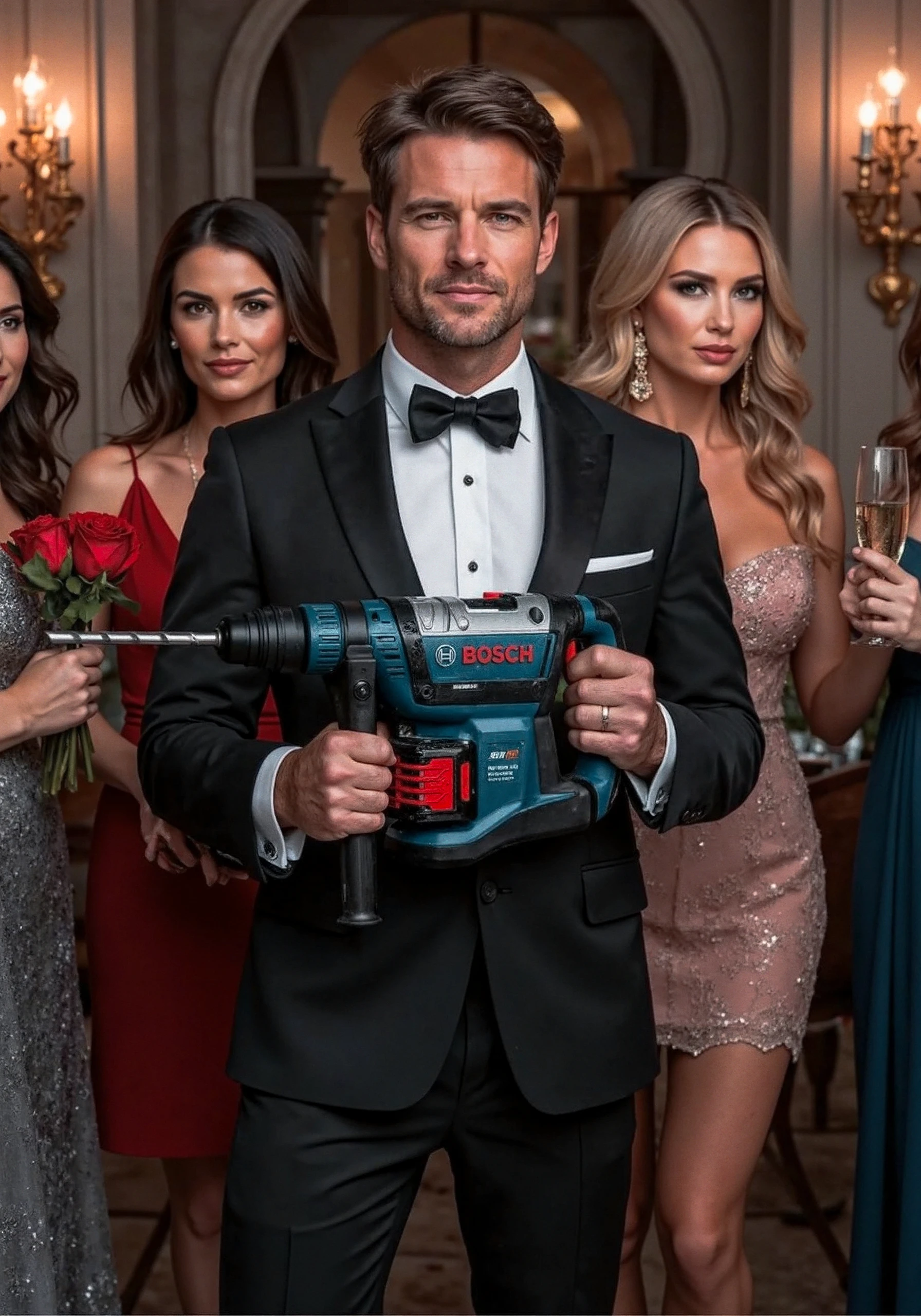 a parody crossover that no one asked for but everyone needs: The Bosch Bachelor! Picture a reality TV show poster with all the classic Bachelor drama, but with a DIY twist. Front and center is a ridiculously handsome man, sculpted abs glistening under the studio lights. He’s wearing a tuxedo, but here’s the twist—he's holding a Bosch cordless hammer drill instead of the traditional rose. The drill has the classic blue body, red accents, and a battery pack, with the 'BOSCH' logo displayed as proudly as his perfect jawline.

The backdrop? A luxurious mansion, complete with roses, champagne glasses, and soft lighting, but the drama is cranked up. Behind the Bachelor, a line of beautiful, elegantly dressed women are waiting nervously for their turn, all holding tools instead of flowers. One woman holds a sledgehammer, another grips a power saw, and one even has a wrench that’s way too big for her tiny clutch purse. They’re all eyeing him, desperate to win his heart—and maybe get him to fix a wobbly shelf.

But the highlight? The Drill Ceremony. The Bachelor stands in front of the women, holding the Bosch hammer drill in both hands, the drill bit gleaming like a rose thorn, and announces in his deep, dramatic voice: 'Ladies, tonight, only one of you will get... the drill.' Tension fills the room. He approaches one of the women, who is trembling with anticipation, and offers her the Bosch drill like it’s a delicate flower. 'Will you accept… this drill?' She gasps, taking the tool with tears in her eyes, 'Yes! Yes, I will!' (Cut to dramatic music and slow-motion tears.)

In the background, two other women are arguing over a misplaced IKEA manual, one shouting, 'I thought I was the one who could handle his power tools!' while the other yells, 'You don’t even know how to assemble anything!' Meanwhile, the Bachelor’s just smirking, casually adjusting the drill bit, clearly loving the chaos.

The tagline? 'Looking for love… and the right drill.' Or maybe: 'Because some jobs need more than just a rose.'

This parody blends over-the-top romance, classic Bachelor drama, and the absurdity of power tools as a symbol of love. It’s a hilarious mashup of DIY and reality TV that’s guaranteed to make anyone chuckle!