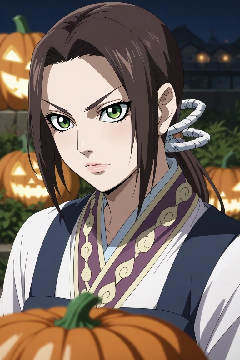 score_9, score_8_up, score_7_up, source_anime, rating_safe, , semi-realistic, , depth of field, 1girl, solo, <lora:kaine_kingdom_pony:0.96>, kaine_kingdom, brown hair, green eyes, long hair, ponytail, , jack-o-lantern costume, <lora:sdxl_lightning_8step_lora:1>