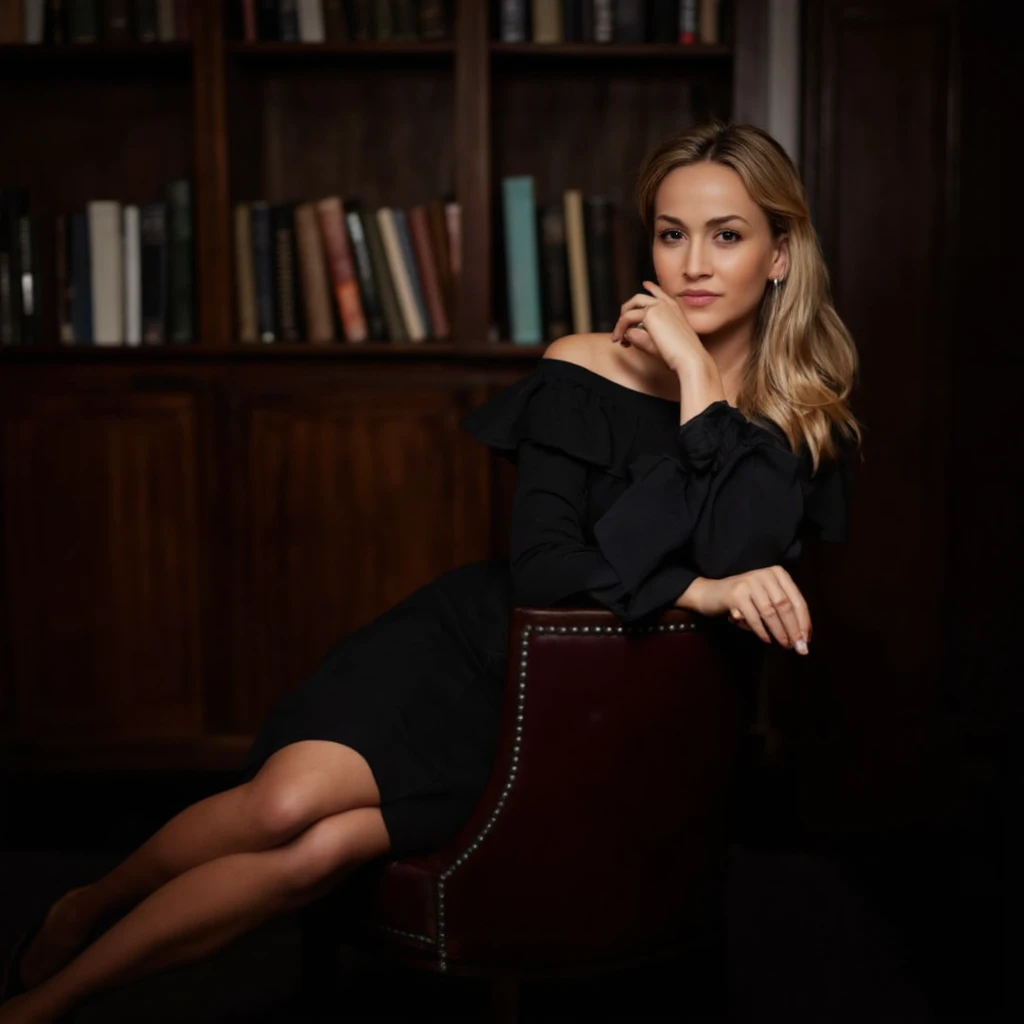 A portrait of carmen_jorda seated in a dimly lit room with a wooden bookshelf behind her. She wears a black off-the-shoulder dress with ruffled sleeves and her blonde hair is styled in loose waves. The woman rests her hand on her chin, gazing directly at the camera with a contemplative expression. The chair she sits on has a rich, dark brown finish with intricate stitching. The background is filled with books of various sizes and colors, creating a sense of depth and mystery. The overall color palette is dominated by dark browns, blacks, and the warm tones of the woman's skin and hair.