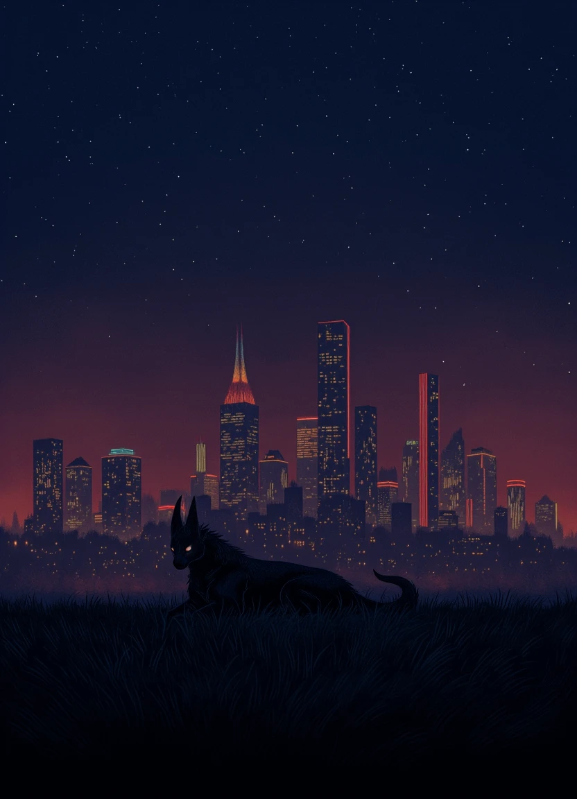 minimalist poster art, Neon-lit city skyline on a distant planet, Griffin lying in the grass, dark and eerie atmosphere, highly detailed,