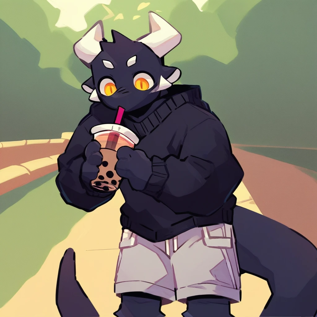 score_9_up, score_8_up, score_7_up, source_furry, mikus-style, black dragon, black body, white horns, yellow eyes, park, holding, bubble tea, black sweater, gray shorts, 1boy, solo