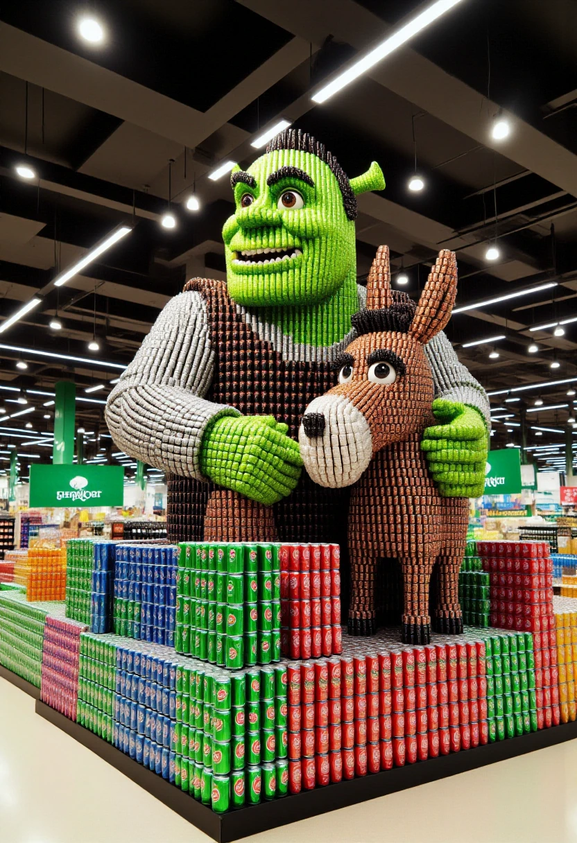 <lora:Supermarket_Soda_Stacker_FLUX-000018:1.2> 
The image is a high-resolution photograph of an elaborate, creative arrangement inside a well-lit supermarket aisle. The centerpiece is a meticulously crafted, life-size model of Shrek and Donkey, constructed entirely from cans of soda.