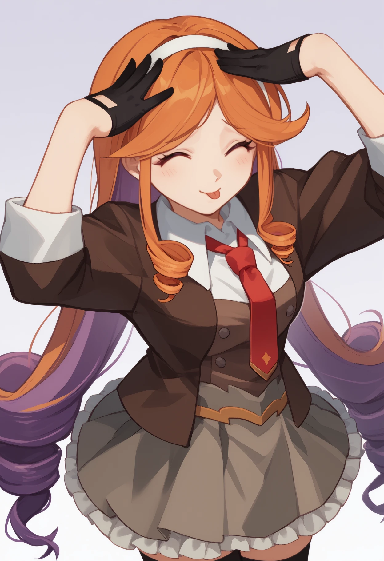 score_9, score_8_up, score_7_up, source_anime, <break> AhEtoBlehMeme, closed eyes, tongue out, :p, hands on own head, smile, solo, 1girl, kcyuugure, long hair, multicolored hair, orange hair, purple hair, asymmetrical sidelocks, drill hair, white hairband, purple eyes, frills, black jacket, blazer, open jacket, long sleeves, brown vest, white shirt, collared shirt, red necktie, black gloves, grey skirt, pleated skirt, frilled skirt, black thighhighs
<segment:yolo-face_yolov8m.pt,0.4,0.5//cid=1>