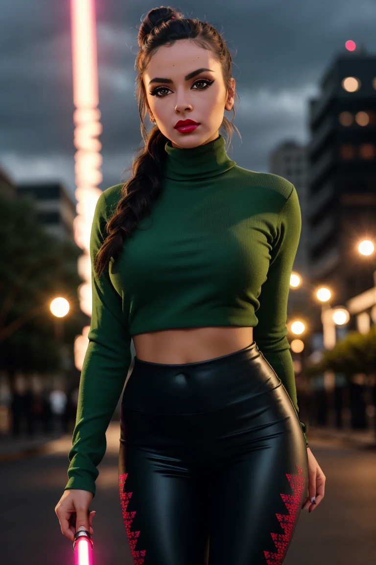 <lora:robertavasquez:0.6>, robertavasquez ,photo of a woman, ((red lipstick, blush, eyeliner, eye shadow)), ((masterpiece, best quality, extremely detailed, high resolution)), ((detailed eyes, detailed face):1.2), , ((outdoors, city, at night, neon lights, tight turtleneck shirt, scifi details, leggings, green lightsaber)),((hair up, hair in bun)),  serious, ((detailed eyes, beautiful eyes, detailed face, beautiful face)), cowboy shot, waist, hips, thighs