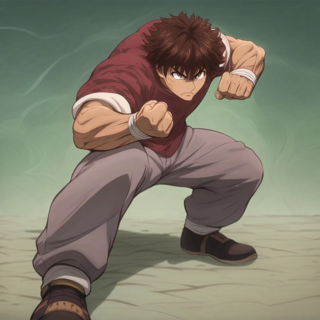 score_9, score_8_up, score_7_up <lora:Bakiposes:1> triceratopsfist. triceratopsfiststance. triceratopsstance. 1 boy. male Focus. solo. brown hair. pants. fighting stance.