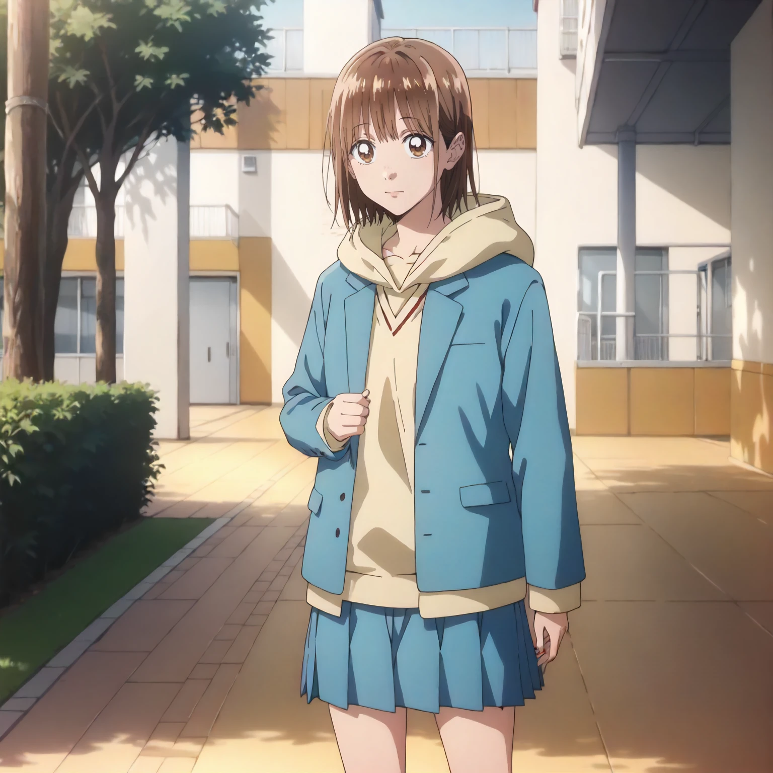 <lora:AnH_ChinatsuKanoXLpony001>,
outdoors,
solo,
ChinatsuKano,1girl,brown hair,medium hair,brown eyes,
hoodie,school_uniform,blue jacket,
pleated skirt,blue skirt,
standing,