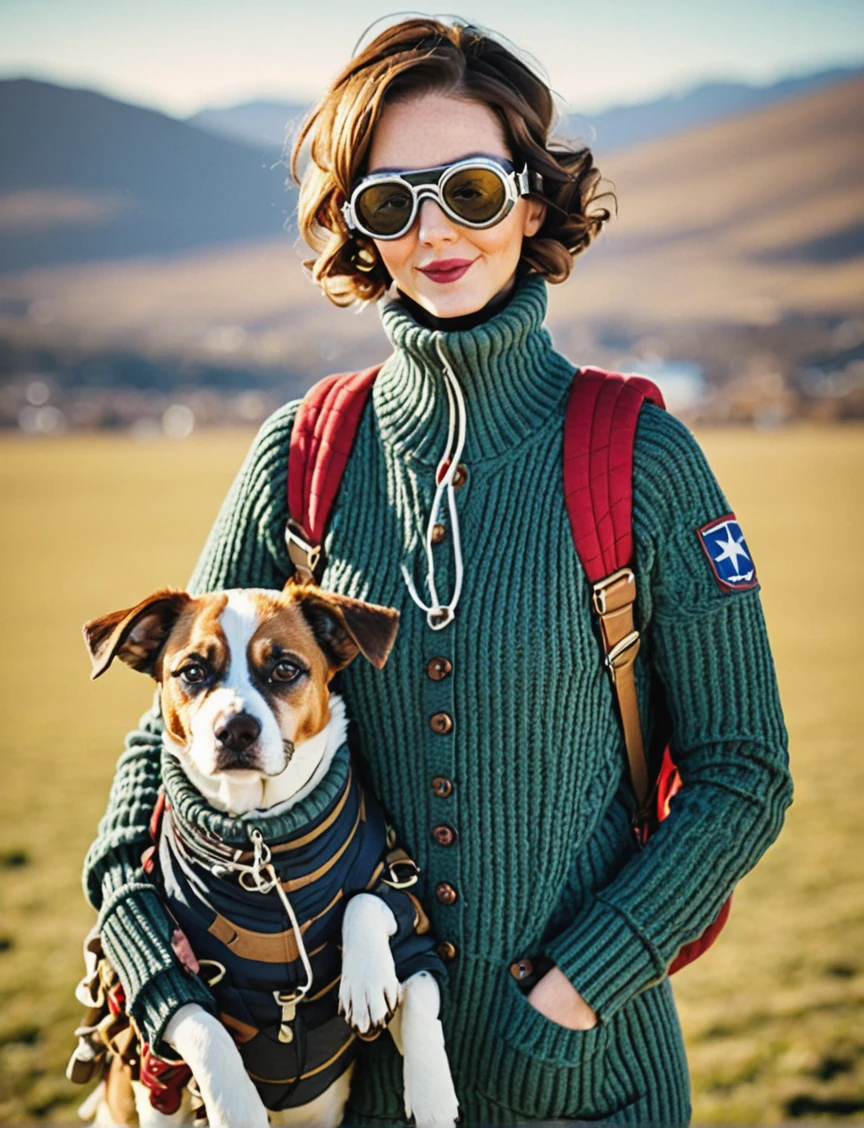 a professional sharp focus absurdres intricately detailed close portrait photograph of a beautiful Ruby_O_Fee, petting a dog who is wearing a parachute and aviator goggles,
wearing slim pants with a long knit cardigan sweater over a turtleneck long-sleeved shirt,
 <lora:Ruby_O_Fee-SDXLe15:1> ,