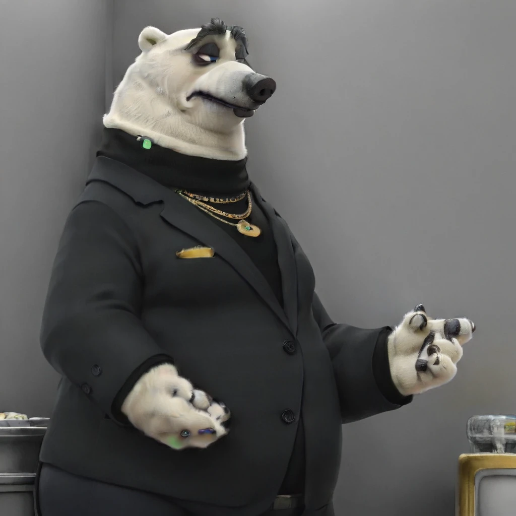 solo, 1boy, furry, anthro, polar bear, male, chubby male, strongman body, turtleneck sweater, zootopia polar bear, koslov from zootopia, dress pants, blazer, gold chain necklace, dark eyelids, dark muzzle, blue eyes, serious expression, black bushy brows, broad shoulders, burly arms